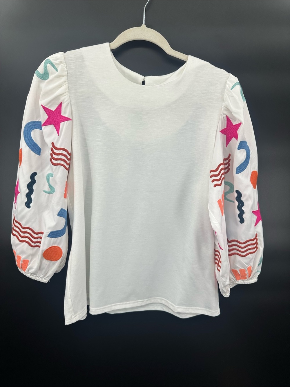 THML Embroidered Puff Sleeve Top Large White Colorful Statement Sleeve Knit 1314 - Picture 2 of 10